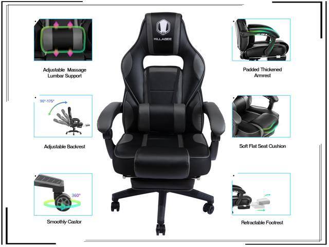 KILLABEE Massage Gaming Chair High Back PU Leather with Retractable Footrest and Adjustable Lumbar Support + $10 Gift Card - $149.99 + FS
