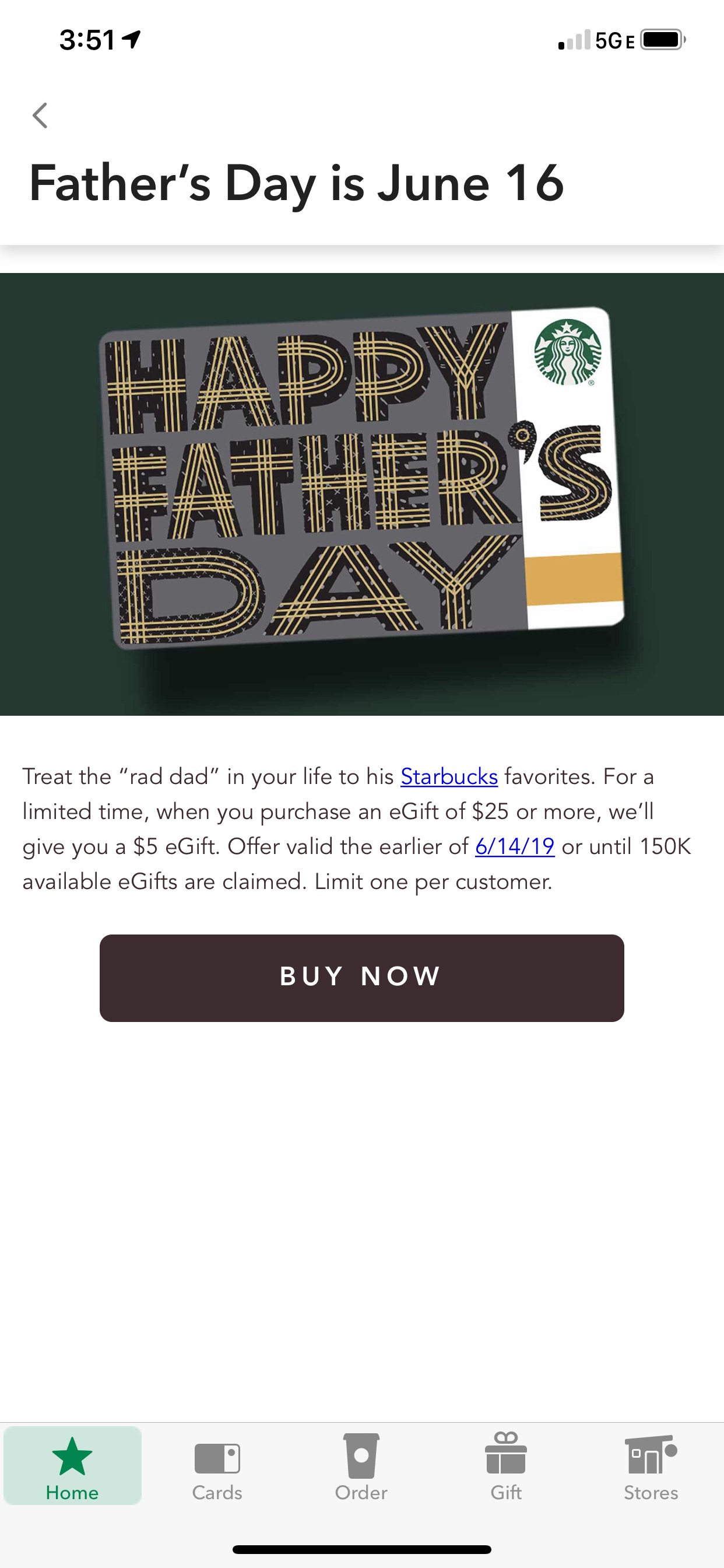 Starbucks gift $25 get $5 reward before Father's Day