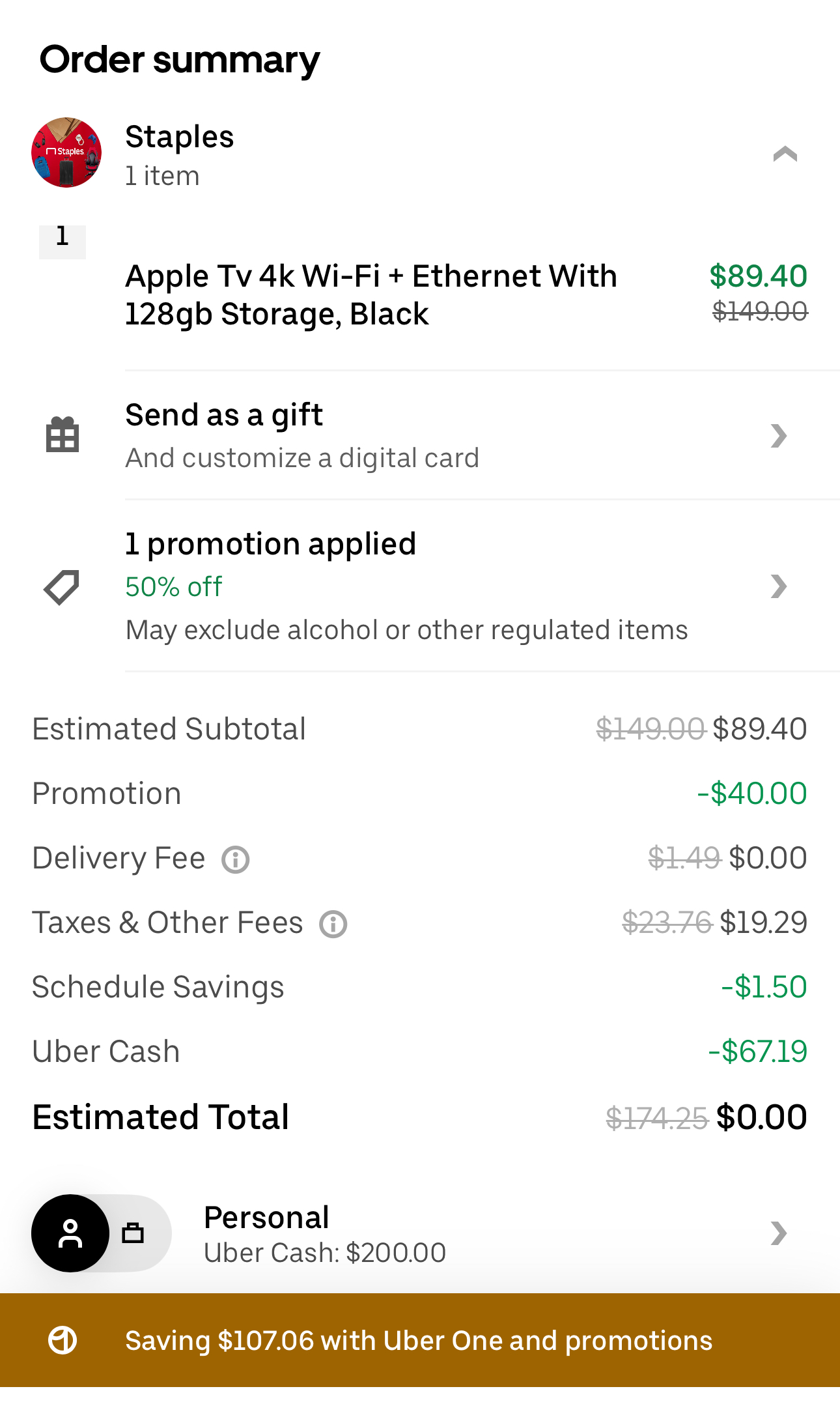 YMMV Apple TV 128GB 4K Wi-Fi + Ethernet $89.40 or less at Staples via UberEats $89.40