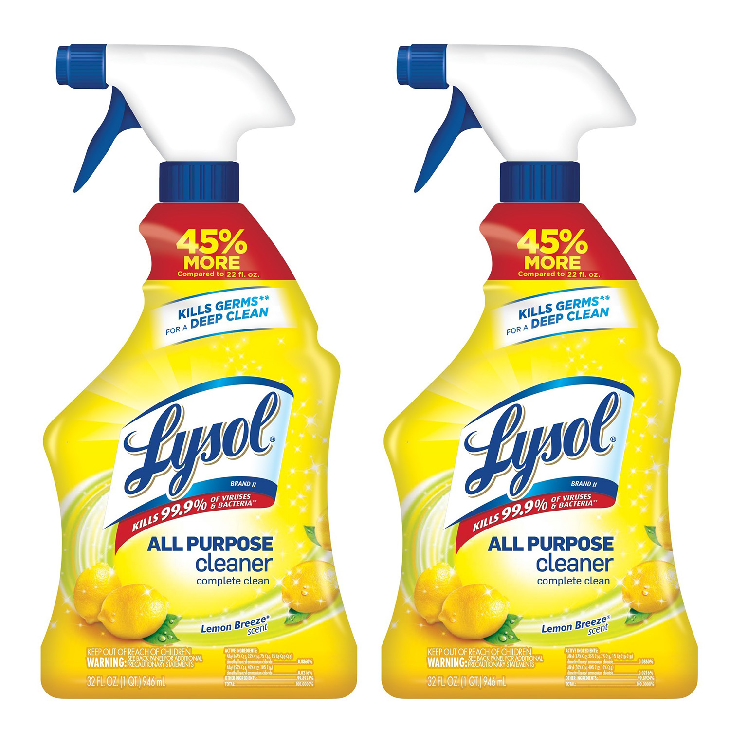 Walmart: 2 Lysol All Purpose Cleaner Spray, Lemon Breeze, Kills Germs (2X32oz) $4.97