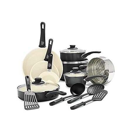 16-Piece GreenLife Soft Grip Ceramic Nonstick Cookware Set (Non-Toxic PFAS-Free, Dishwasher & Oven Safe, Black & Cream) $34.99 + Free Shipping w/ Prime