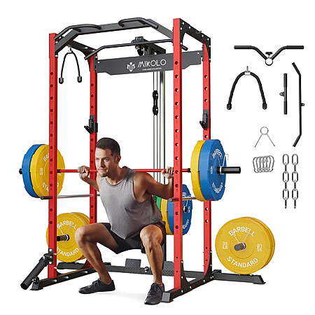 Mikolo Power Rack Cage Gym Equipment: LAT Pulldown System, Squat Rack w/ 13-Level Adjustable Height &J-Hooks, Dip Bars, T-Bar (Red,1200-Lbs) $299.98 + Free Shipping