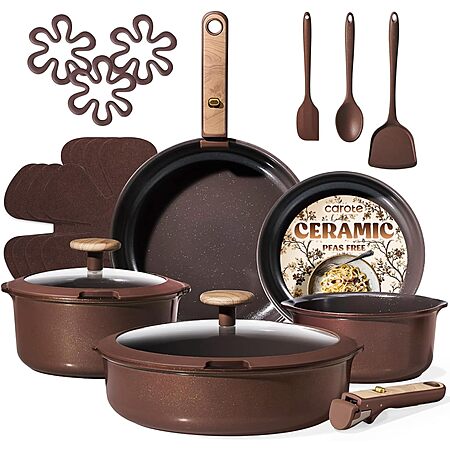 19-Piece CAROTE Ceramic Nonstick Cookware Set w/ Detachable Handle (Dark Choco) $39.99 + Free Shipping