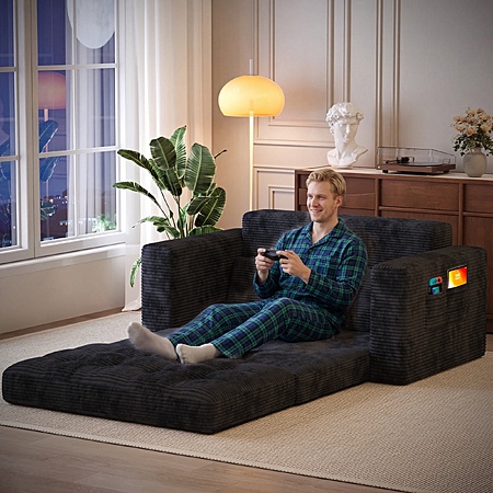 59" Lofka Convertible Corduroy Futon Sofa Bed w/ 2 Pillows & Pockets (Black) $179.97 + Free Shipping