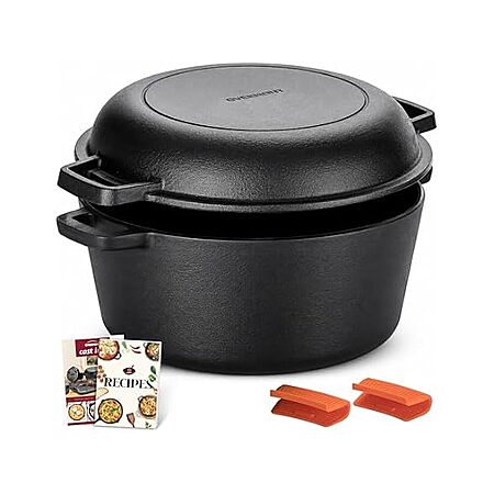 5-Quart Overmont Pre-Seasoned Cast Iron Double Dutch Oven w/ Skillet Lid