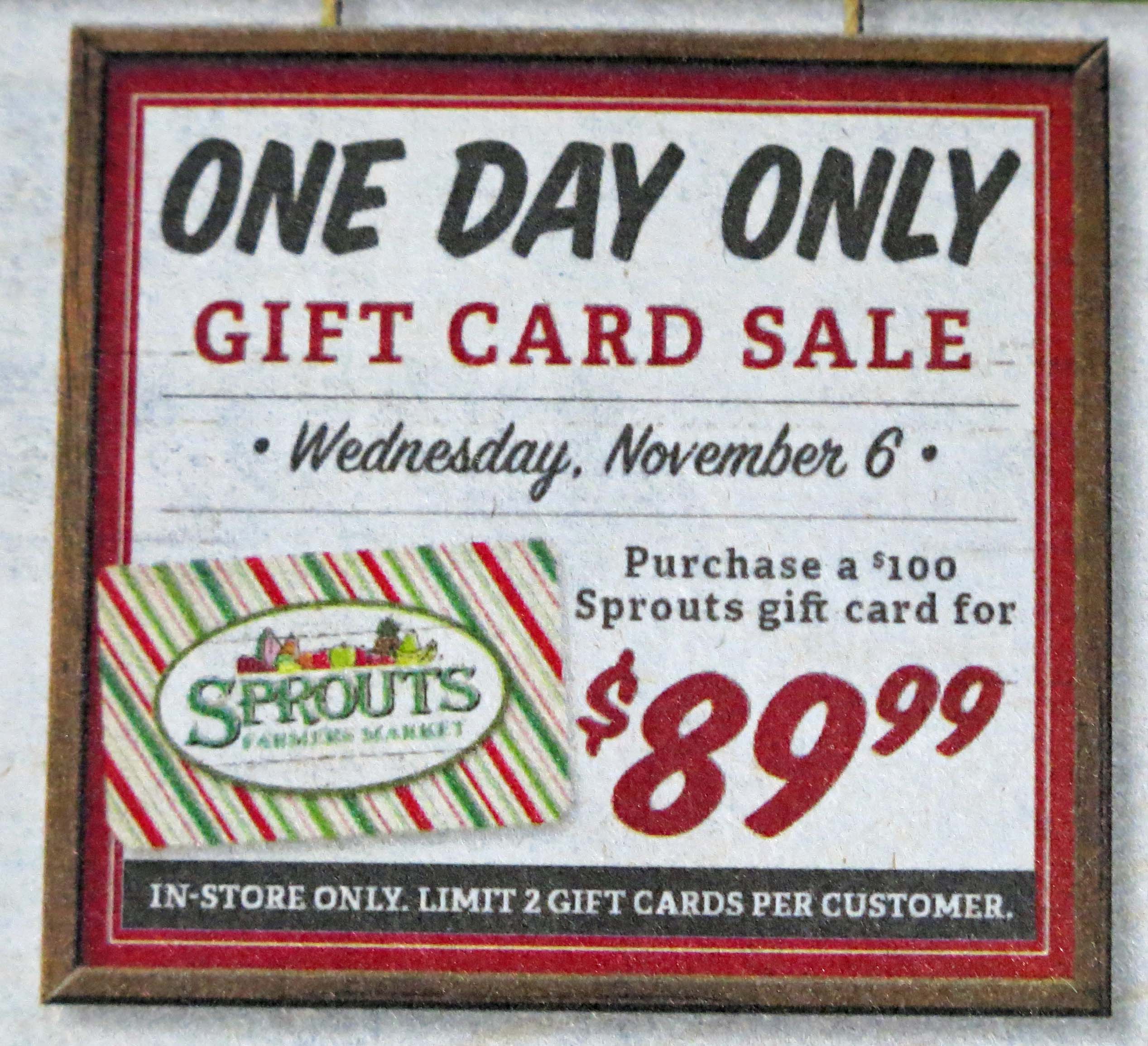 Sprouts Farmers Market $100 Gift Card for $89.99 (on 11/6/19 only)
