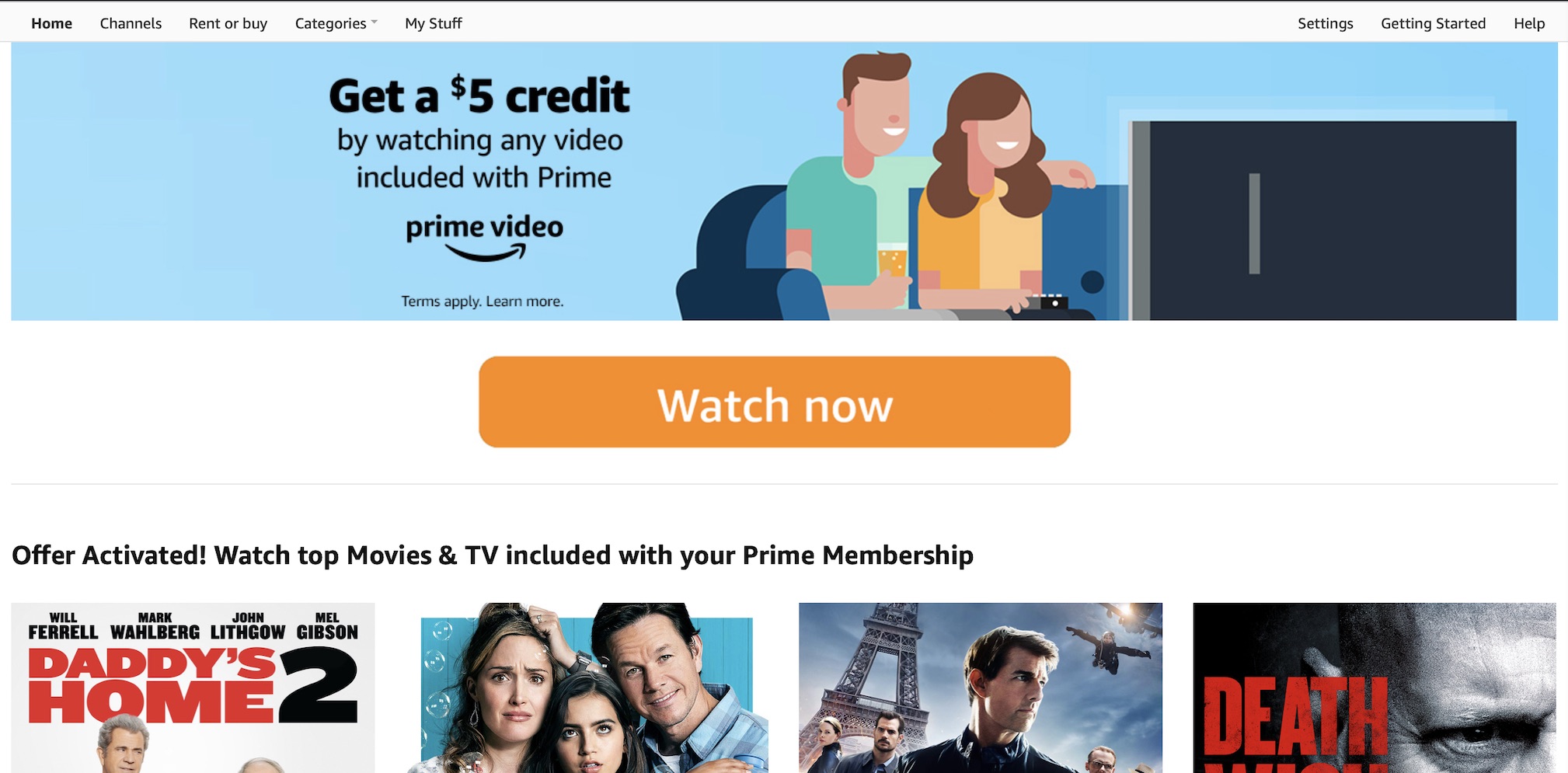 [YMMV] Targeted - Free $5 Credit for watching any video included with Prime $0.02