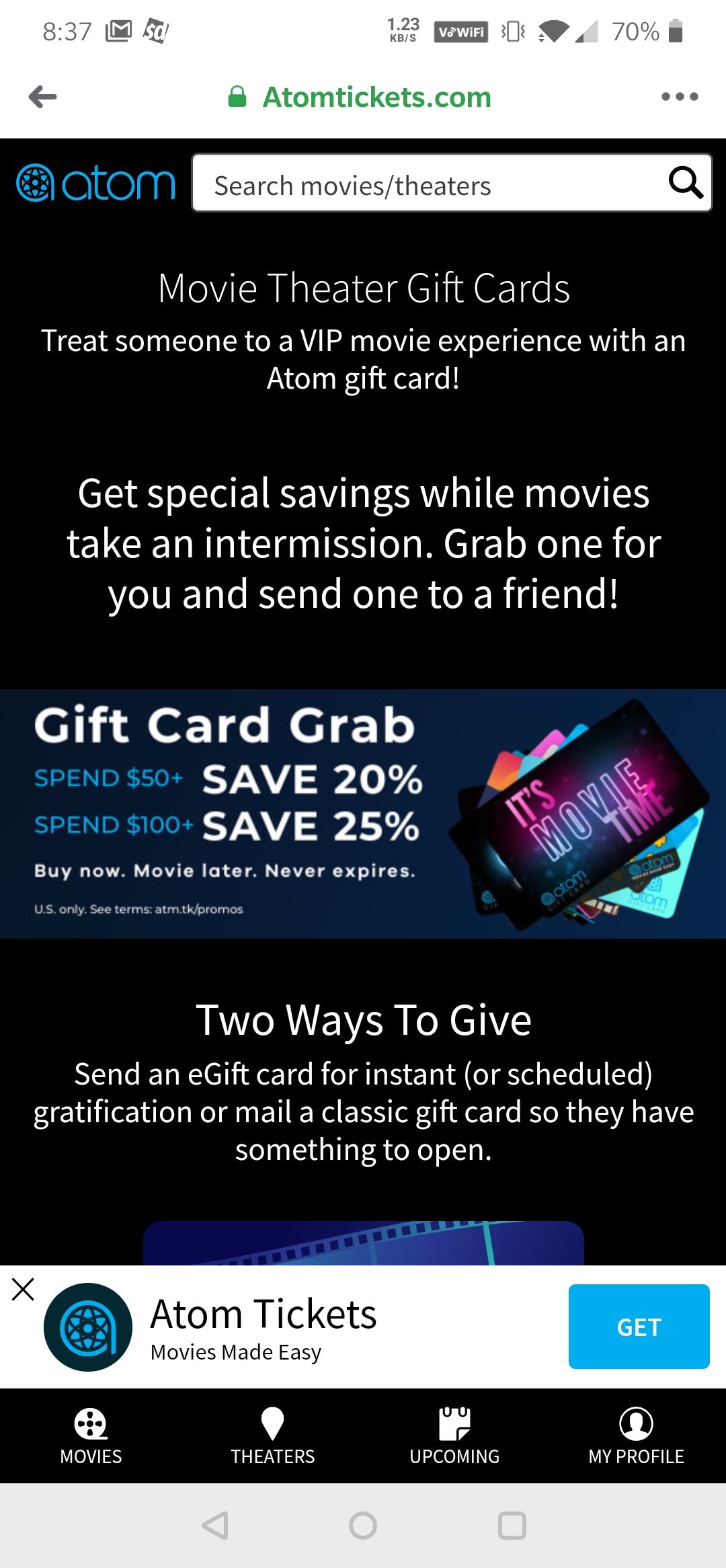 Atom giftcard spend 50 save 20 percent spend 100+ save 25 percent $40