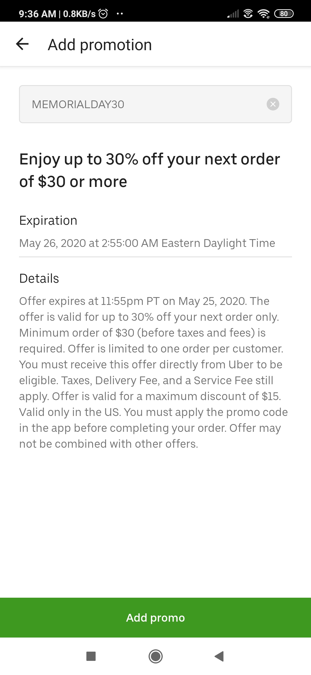 Uber Eats - save 30% one orders of $30 or more (up to $15 savings) - YMMV