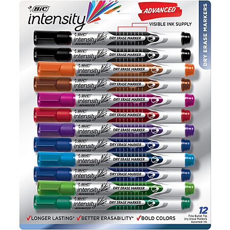 BIC Intensity Advanced Colorful Dry Erase Markers, Bullet Tip, 12-Count Pack of Assorted Colors, Whiteboard Markers for Teachers and Office Supplies $10.53