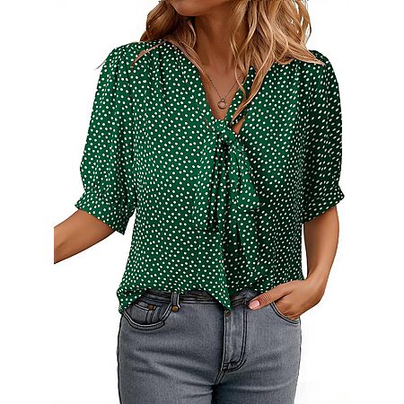 Dokotoo Business Casual Tops for Women Short Sleeve Tops for Women Bow Tie Neck Polka Dot Shirts Fashion Clothing Green Medium $14.99
