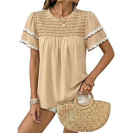 Dokotoo Peplum Tops for Women Trendy Crewneck Summer Tops Fashion Oversized Short Pleated Sleeve T Shirts Dressy Casual Loose Fit Solid Color Blouses $19.98