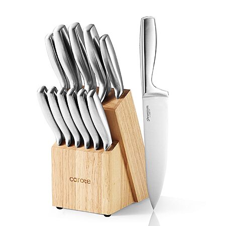 CAROTE 12-Piece Knife Set, All-Stainless Steel Knife Block Set, Kitchen Knives with Wooden Block, Razor-Sharp and Ergonomic, Easy Cleaning $27.99