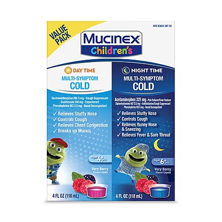 [S&S] Mucinex Cold & Cough, Children's Multi-Symptom Day/Night Liquid, Very Berry, 8oz (2x4oz) $10.99