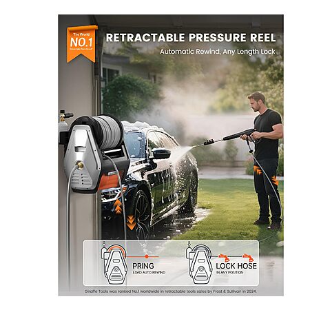 Giraffe Tools Grandfalls Retractable Wall Mounted Pressure Washer Pro, 3700 PSI, 1.6 GPM Electric Power Washer, Automatic Rewind, 100ft Pressure Hoses, 5 Nozzles $594.99