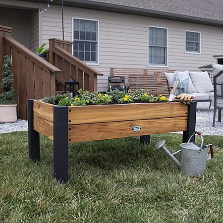 Backyard Discovery 48" Teak Wood Raised Garden Bed Planter Box with Galvanized Steel Legs, Mesh Liner for Outdoor Gardening, Patio, Balcony, Deck, Porch $99