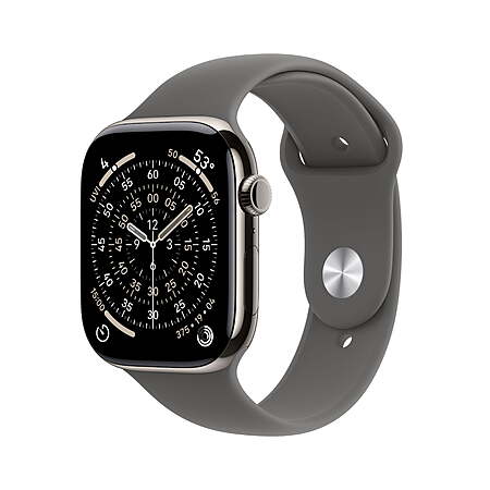 Apple Watch Series 11 [GPS + Cellular 46mm] Smartwatch with Natural Titanium Case with Stone Gray Sport Band - S/M $679
