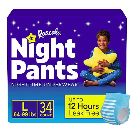 Rascals Night Pants Absorbent Disposable Boys Nighttime Bedwetting Underwear, L (64-99 lbs), 34 Count $12.48