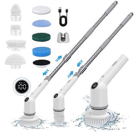 Electric Spin Scrubber, 450RPM Cordless Power Scrubber with Adjustable Handle 8 Heads Shower Cleaning Brush for Bathroom Floor $27.89