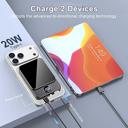 Magnetic Wireless Portable Charger, 10000mAh Power Bank with PD20w Fast Charging, USB C in&Out Battery Pack $22.41