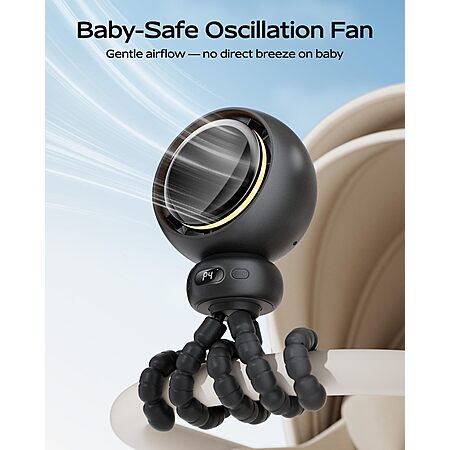 Bearwind Mini Portable Stroller Fan – 60° Auto Oscillation, Quiet USB-C Rechargeable Baby Fan, 4 Speeds, Night Light & Warning Light, Flexible Tripod $14.99