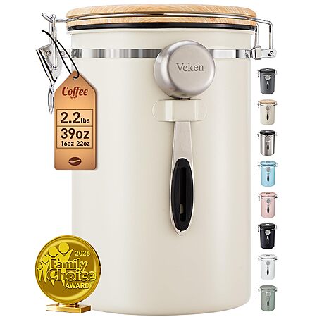 Veken Coffee Canister, 39OZ Large Airtight Stainless Steel Food Storage Container for 2.2lbs Coffee Beans, Ground, Sugar, Tea, Flour, Cereal $29.98