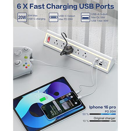 NYYTGE Desk Clamp Power Strip with Nightlight, 40W Fast Charging, 6FT Extension Cord, 4x20W USB-C & 2 USB Ports, 5 AC Outlets, Fits 1.69-Inch Table Edges $17.99