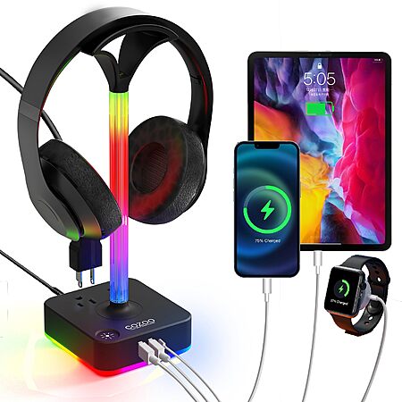 cozoo RGB Headphone Stand with Charger 3 USB Ports and 2 AC Outlets,2 USB-A 1 Type C,Desk Gaming Headset Holder with 9 Light Modes RGB Gaming Stuff Headset Stand $11.49
