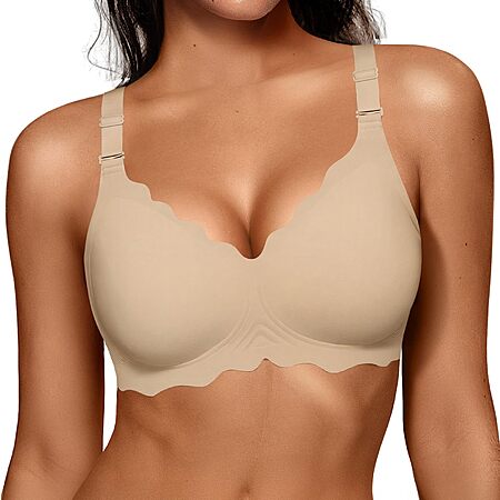 OEAK Women Jelly Bras No Underwire Scalloped Push Up Buttery Soft Tshirt Bra Seamless Full Coverage Convertible Everyday Bra Semolina,M $9.99