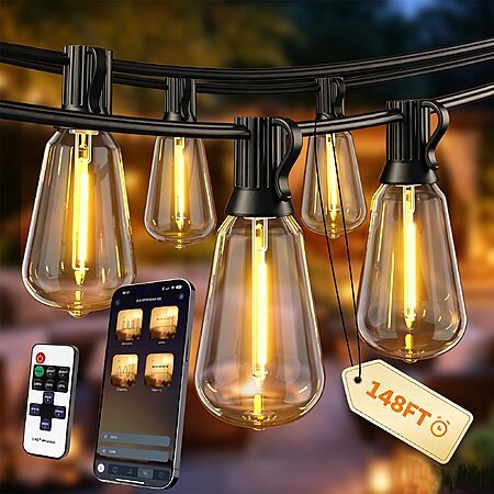 Ecoeve Outdoor String Lights, 148FT Patio Lights for Outside, Smart App & Remote Control with Timer, Dimmable with 4 Scene Modes $21.49