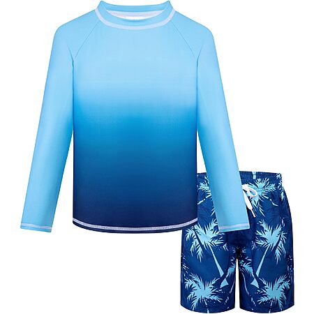 Belovance Boys Two Piece Rash Guard Swim Set Kids Long Sleeve Bathing Suit Swimwear Shirt with Trunks Swimming Suits Surfing Beach Clothes Quick Dry Size 6 7 Dark Blue $10.55