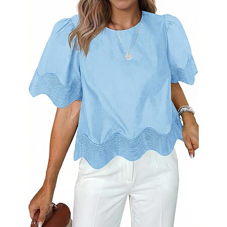 Tankaneo Womens Short Sleeve Crop Tops Summer Casual Scalloped Flowy Blouse Crewneck Ruffle Loose Fit T-Shirts Light Blue $26.24