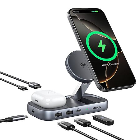 MOKiN 8-in-1 USB-C Docking Hub w/ Qi2 Charging Stand, 4K HDMI, 3x USB & 100W PD $16.50 or Less