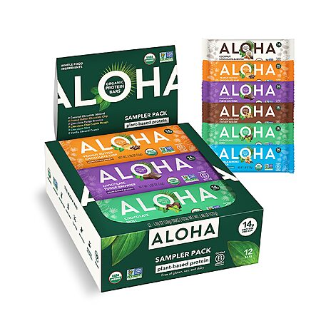 ALOHA Organic Plant Based Protein Bars - 6 Flavor Pack - 12 Count, 1.9oz Bars - Vegan Snacks, Low Sugar, Gluten-Free, Low Carb, Paleo, Non-GMO, No Sugar Alcohol Sweeteners $15.35