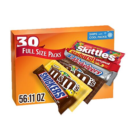 [S&S] M&M'S, SNICKERS, 3 MUSKETEERS, SKITTLES & STARBURST Variety Pack Full Size Bulk Candy Assortment, 56.11 oz, 30 Bars