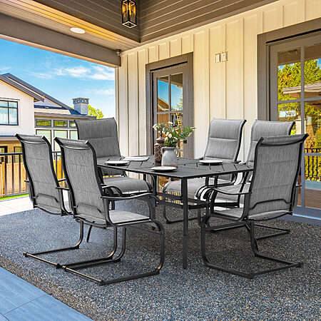 Nuu Garden 7 -Piece Curved Leg Table Patio Dining Set Iron Rectangle Table with 6 Light gray C-spring Chairs one_size | SD006-T352BK