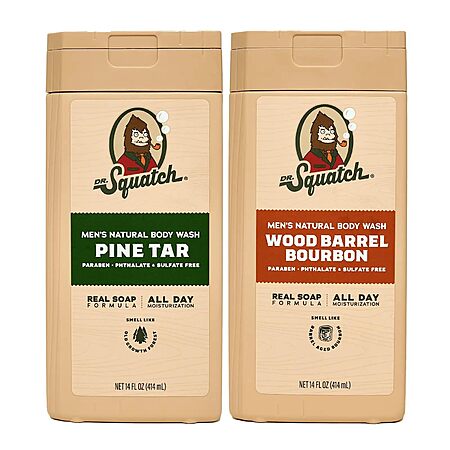 [S&S] Dr. Squatch Natural Men's Body Wash Shower Gel Pine Tar + Wood Barrel Bourbon (14 oz, 2-Pack)