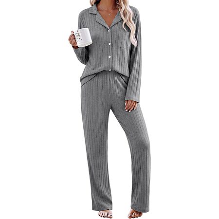 2-pc Ekouaer Women's Long Sleeve Ribbed Knit Pajamas Sets (various)