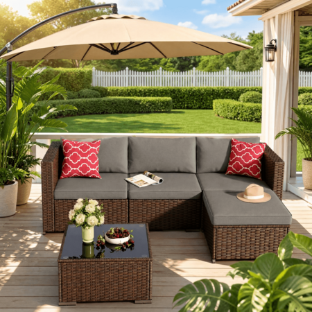 Asofer 5 Pieces Outdoor Conversation Sectional PE Rattan Wicker Furniture Sofa, Gray