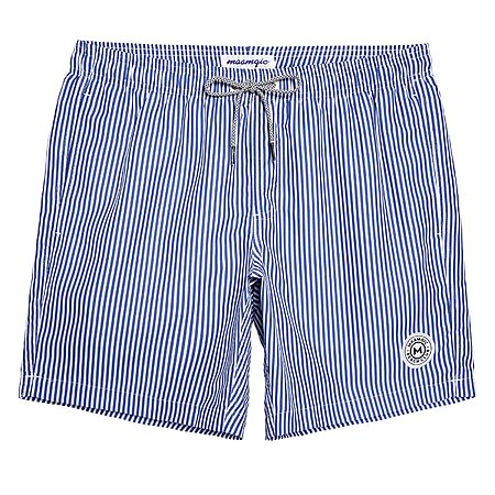 maamgic Mens Swim Trunks Quick Dry Swim Shorts with Mesh Lining Funny Swimwear Bathing Suits 7inch Blue Striped Large