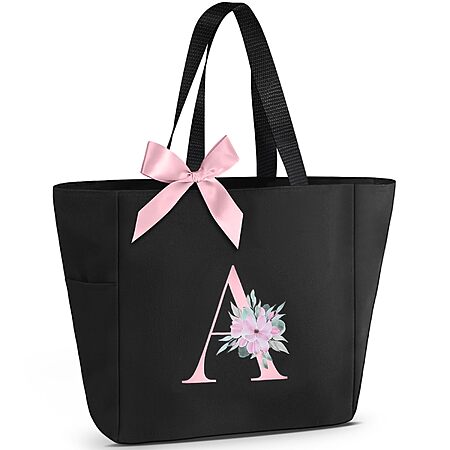 Vavabox Tote Bag, A-Z Initial Monogrammed Waterproof Tote Bag, Bridesmaid Gifts for Women, Black and Pink (A, Black)