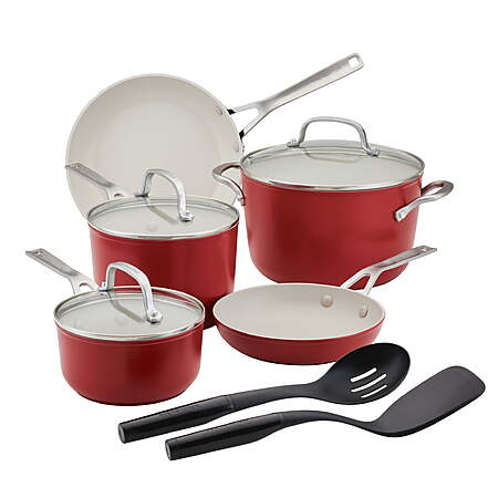 KitchenAid Ceramic Forged 10 Pcs Nonstick Cookware Set, Dishwasher Safe and Oven Safe to 500°F, Empire Red
