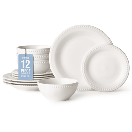 Carote 12-Piece Ceramic Dinnerware Set, Plates and Bowls Dish Sets Service for 4, Durable Kitchen Dining Dish Set, White