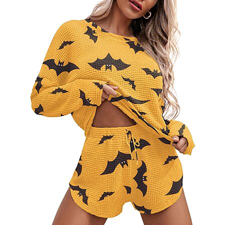 Ekouaer Womens Waffle Knit Pajama Sets Long Sleeve Top & Shorts (various) $13.60