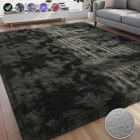 Nefoso Shag Area Rug, 8ft x 10ft Soft Fluffy Tie-Dye Area Rugs for Living Room Bedroom Decor Carpet, Black & Gray