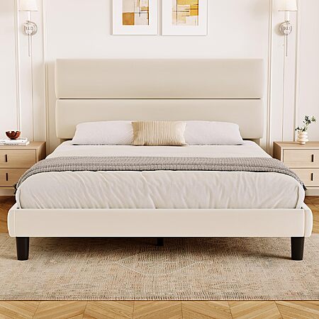 GRUSIGN Queen Size Platform Bed Frame with Velvet Headboard, Adjustable Height Wooden Slats Support, Upholstered Mattress Foundation