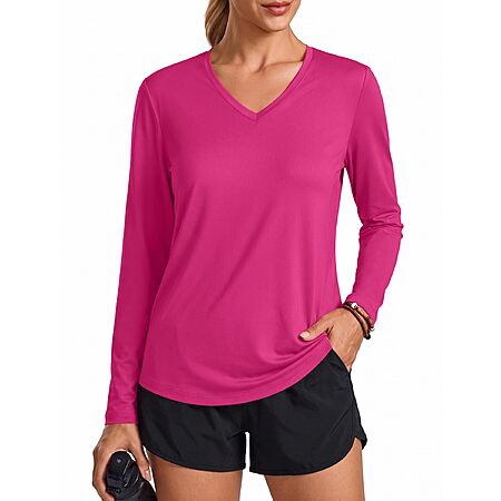 PINSPARK Long Sleeve Shirts for Women Ultra Soft V Neck Workout Tops UPF 50+ Sun Shirt Athletic Running Hiking Top