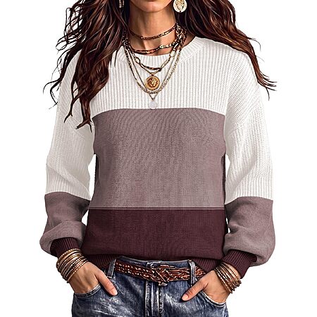 Zeagoo Womens Color Block Sweaters Plus Size Fall 2025 Crew Neck Chunky Sweater for Women Casual Loose Knit Pullover Jumper Tops