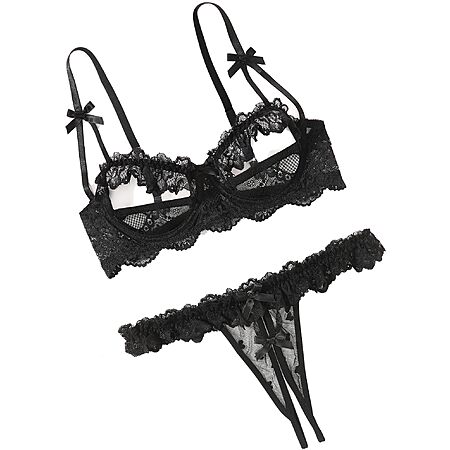 Avidlove Sexy Floral Applique Lingerie 2 Piece Sheer Mesh Cami Thong Set