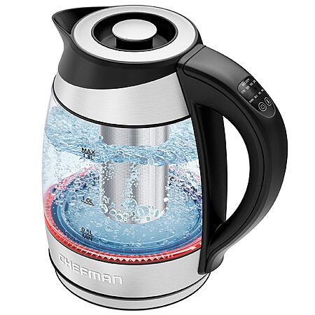 Chefman Electric Kettle with Temperature Control, 5 Presets LED Indicator Lights, Removable Tea Infuser, Glass Tea Kettle & Hot Water Boiler 1.8L
